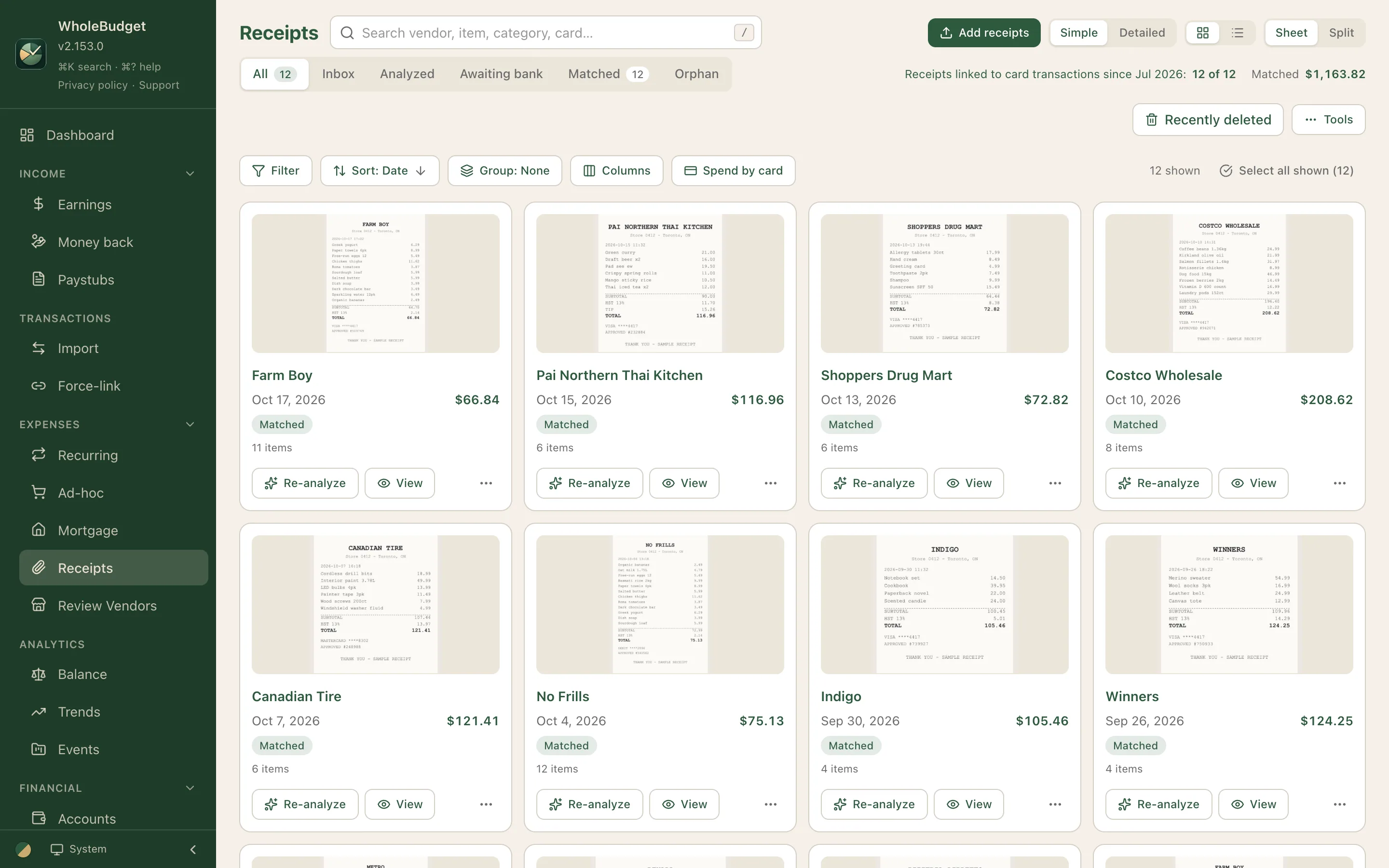 La bibliothèque de reçus : une grille d’images de reçus, chacun associé à la transaction de carte correspondante.
